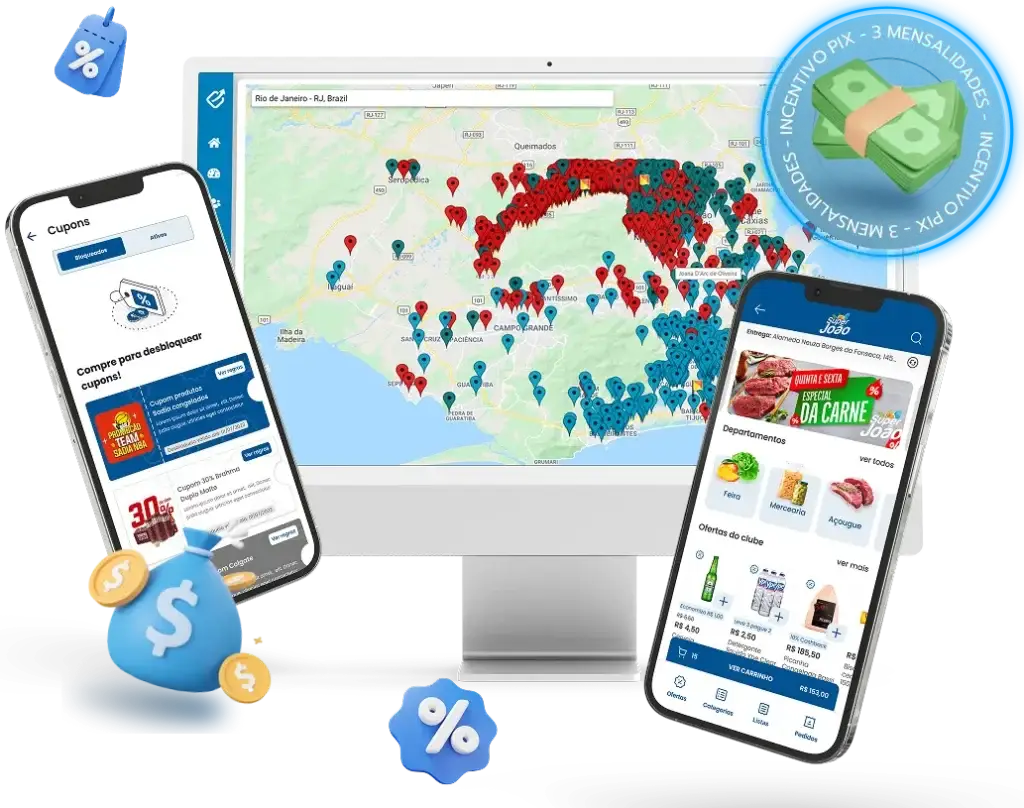 Plataforma de CRM para supermercados com mapa de clientes, app do clube de vantagens e ofertas digitais.