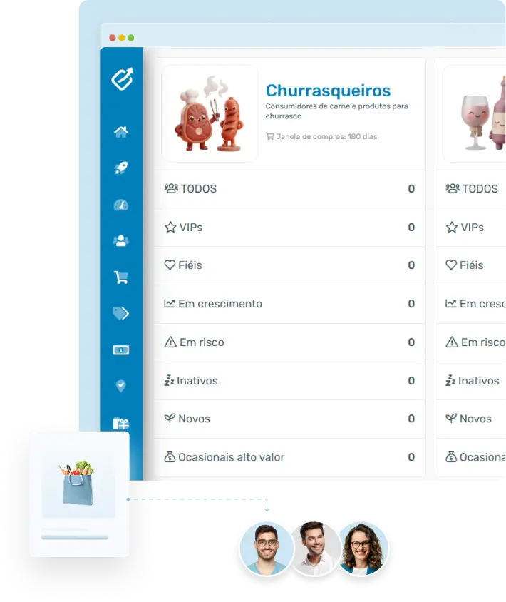 Painel do CRM com segmentação de clientes por perfil de consumo no supermercado.